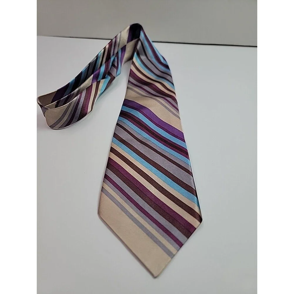 Striped Necktie Beige Purple Blue Brown 100% Polyester Mens Classic Tie